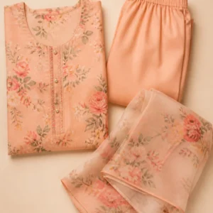 Women Peach Floral Lawn Three Piece - theclosetbd.com