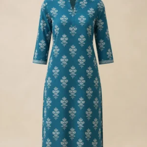 Women Teal Block Print Cotton Kurti - theclosetbd.com