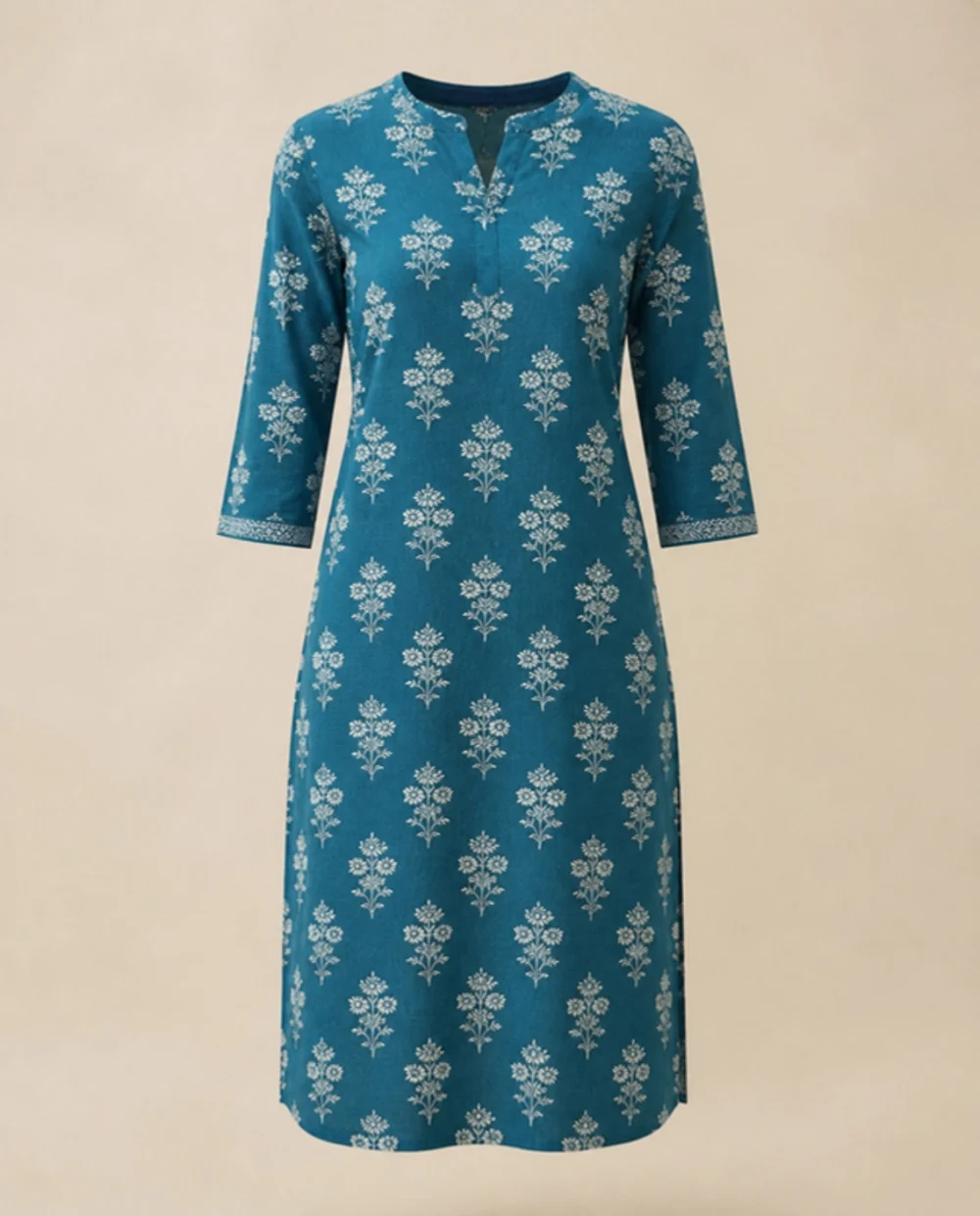 Women Teal Block Print Cotton Kurti - theclosetbd.com