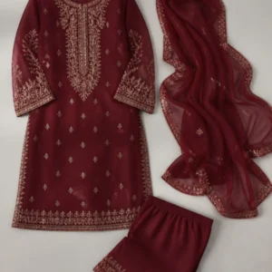 Women Wine Georgette Party Three Piece - theclosetbd.com