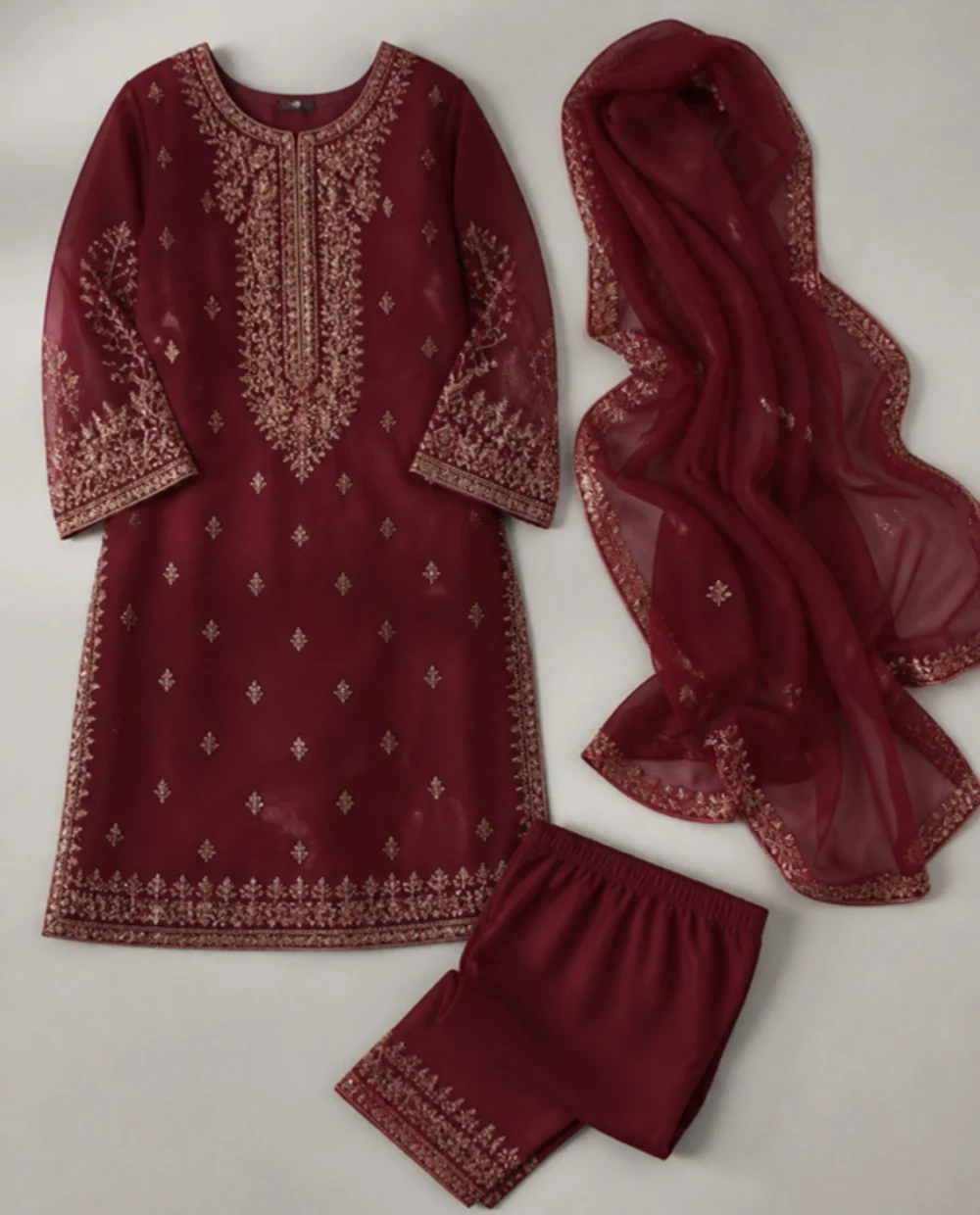 Women Wine Georgette Party Three Piece - theclosetbd.com